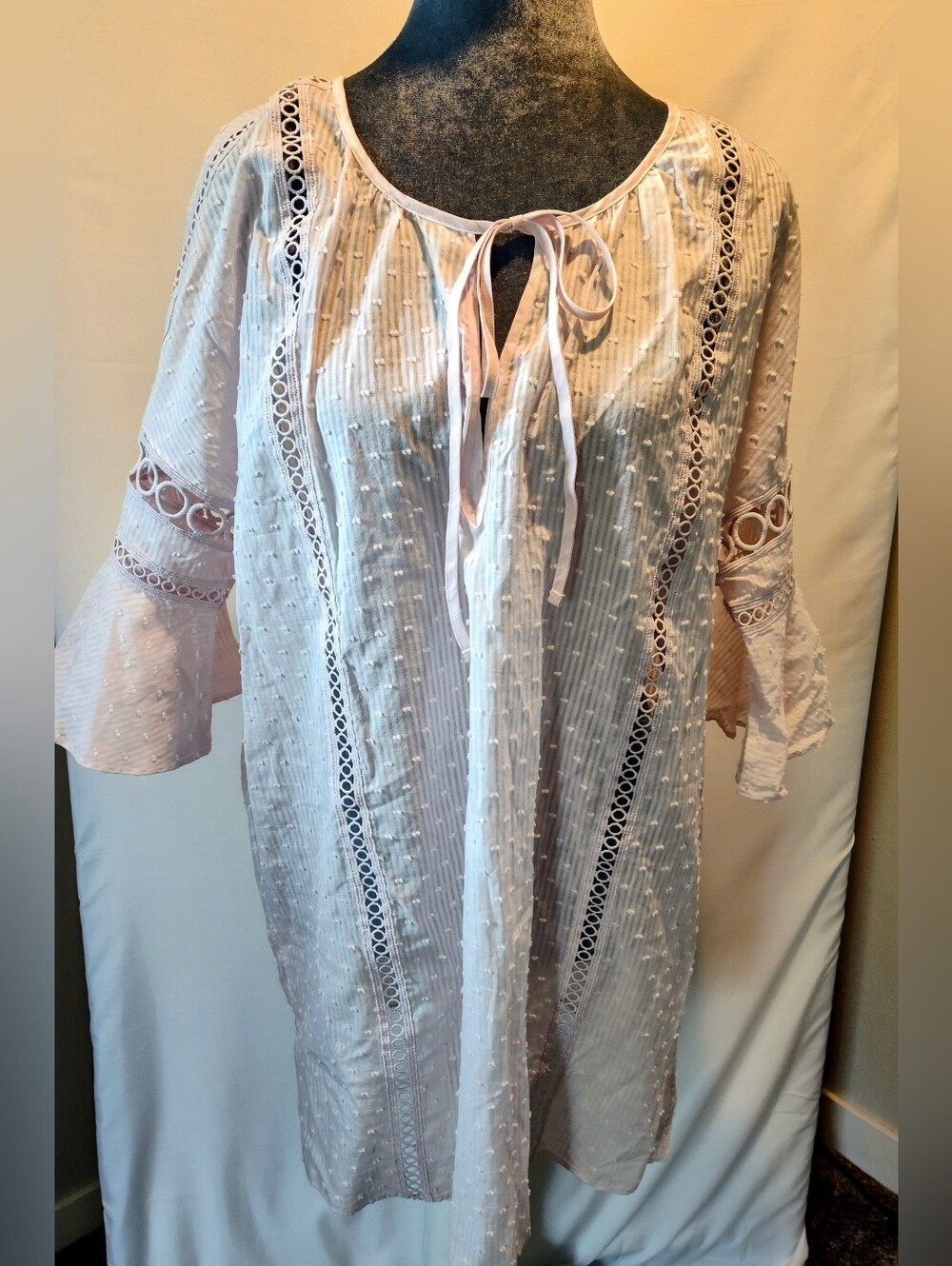 VS, Pale Pink Lace-Trim Peasant Pajama Midi with Tie Neck